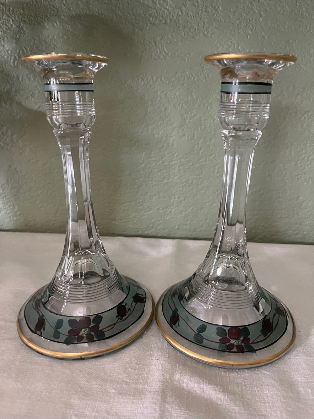 Vintage Tiffin #151 Style Enameled Glass Candlesticks Pair 8⅜”